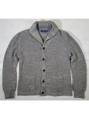 Polo Ralph Lauren Mens XL 100% Cotton Gray Cardigan Shawl Collar Pockets Sweater